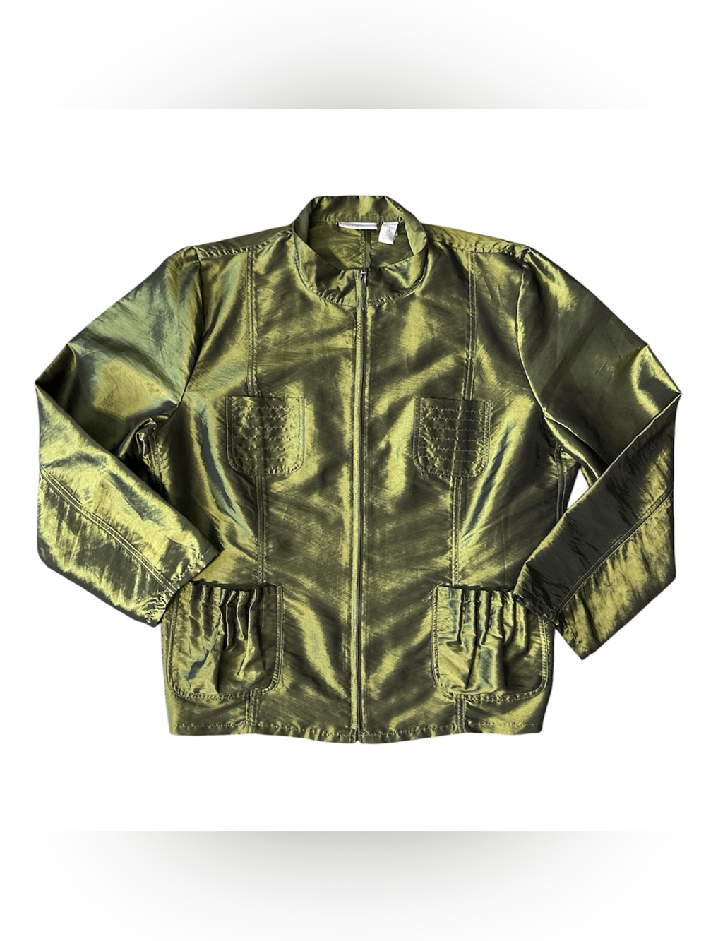 Chicos Metallic Olive Green Zip Up Jacket with Pockets. Size 3 (XL 16) 44” Bust